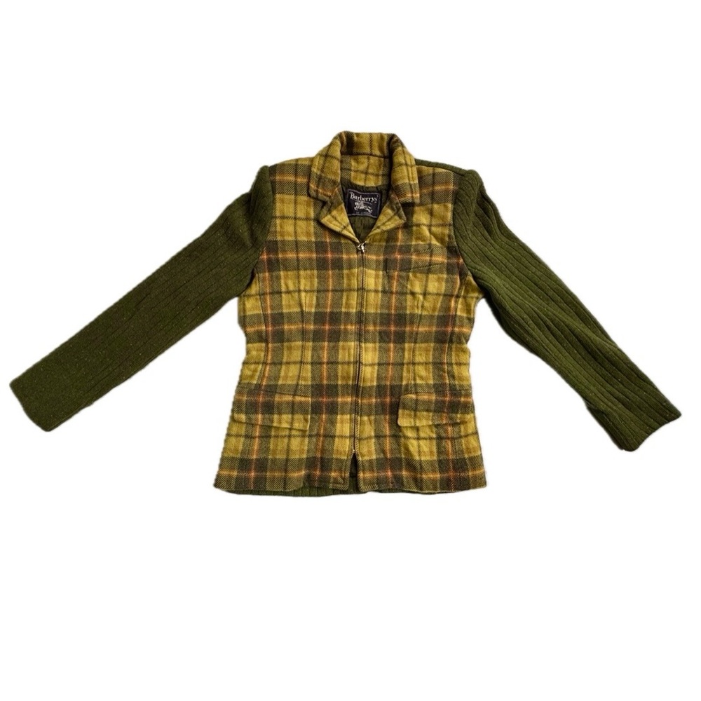 Vintage Burberry Women’s Wool Plaid Jacket Yellow/Black Plaid, Green Knit Slee